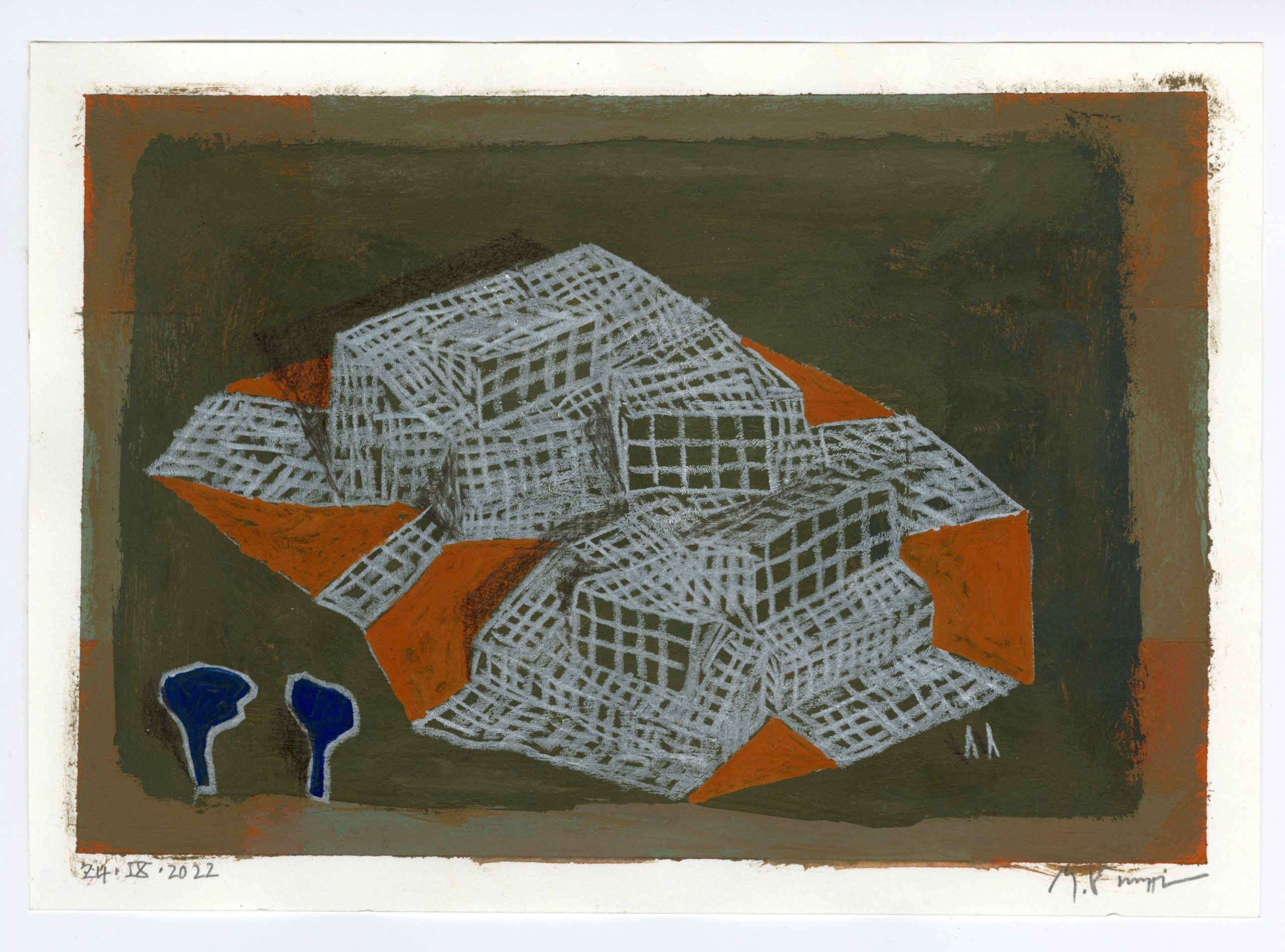 Casa con abbaini, a 2022 drawing of a house with dormer windows made from tempera and white pencil on paper. Image: Michele De Lucchi