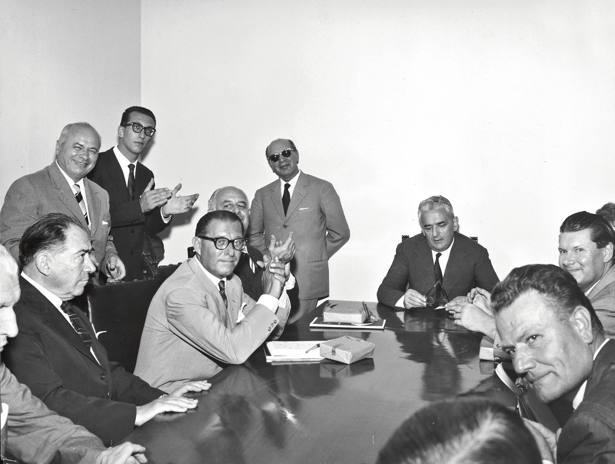 1961. Press conference in occasion of the 1st Salone del Mobile in Milan. Right, foreground: Angelo Molteni