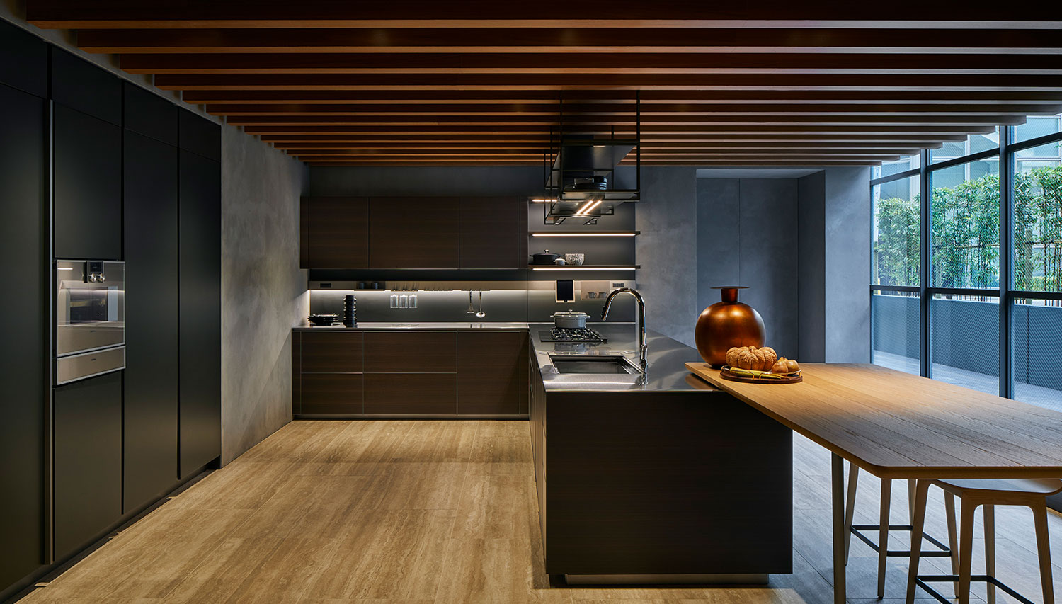 Steel and Wooden Kitchen with wooden counter
